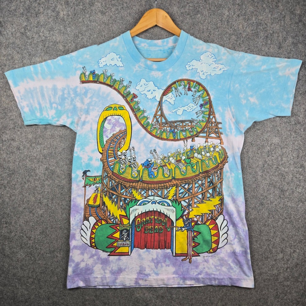 Vtg 90s Liquid Blue Grateful Dead Shirt Mens L Blue Tie Dye Roller Coaster Band
